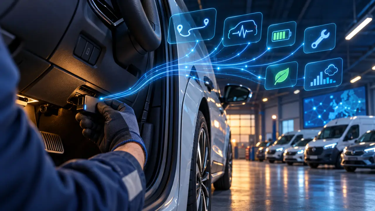 Boîtier OBD connecté installé dans un véhicule de flotte professionnelle