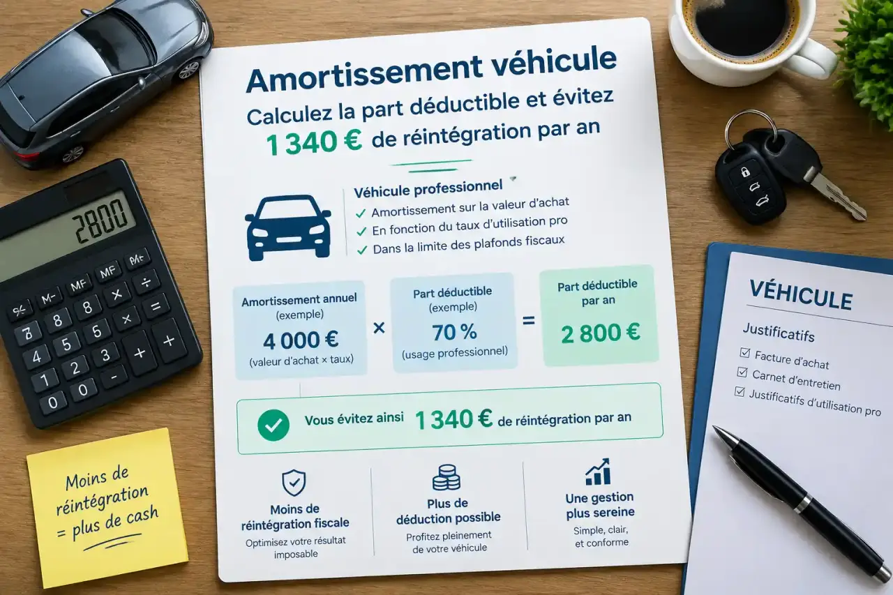 Amortissement véhicule : calculez la part déductible et évitez 1 340 € de réintégration par an