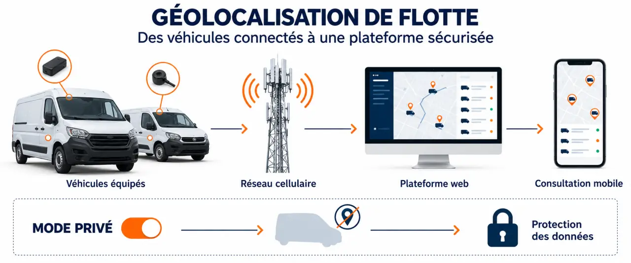 Schéma du fonctionnement de la géolocalisation de flotte automobile entre traceur GPS, réseau cellulaire et plateforme de suivi