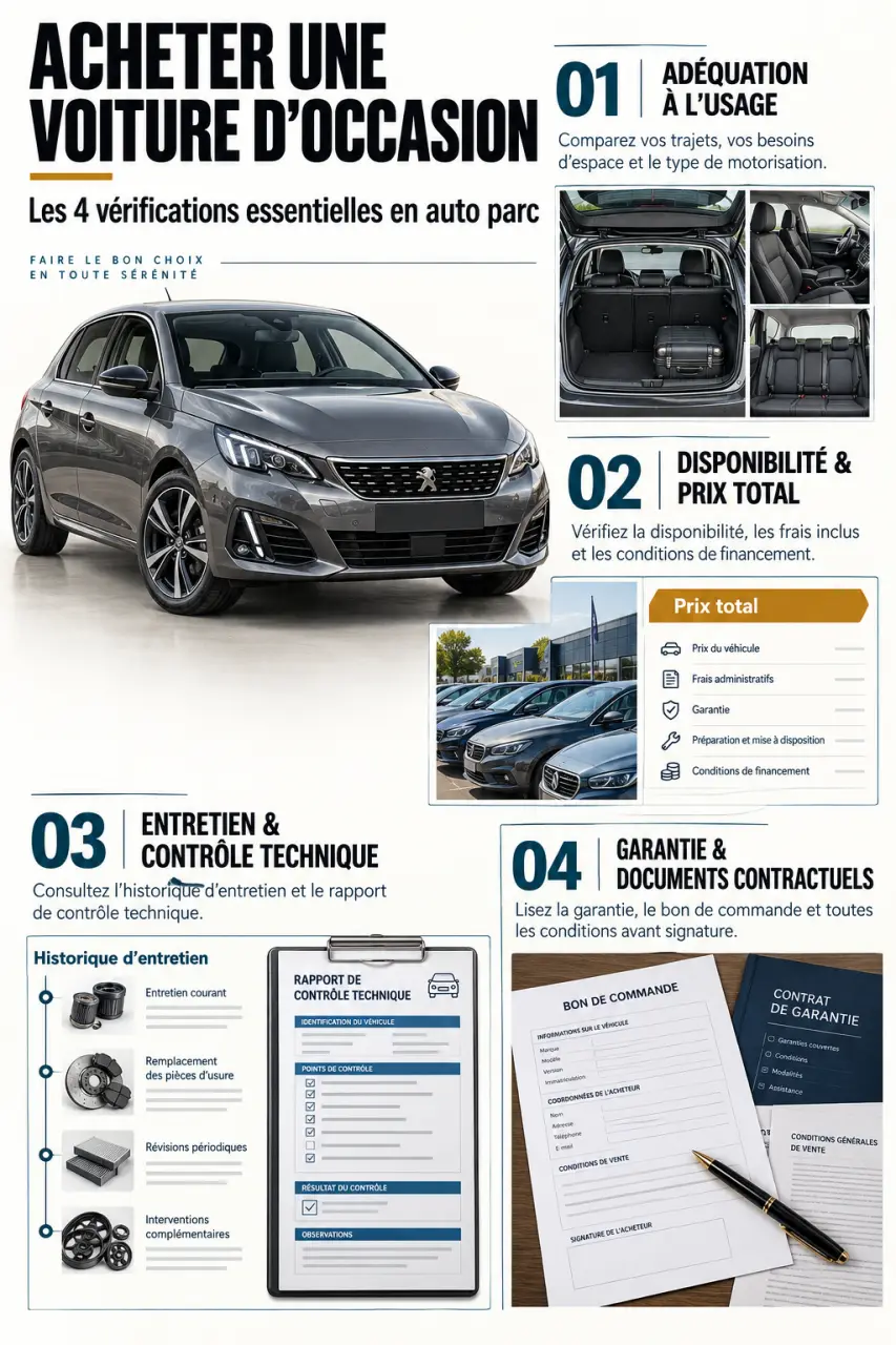 Infographie pour vérifier une voiture dans un auto parc occasion avant l’achat
