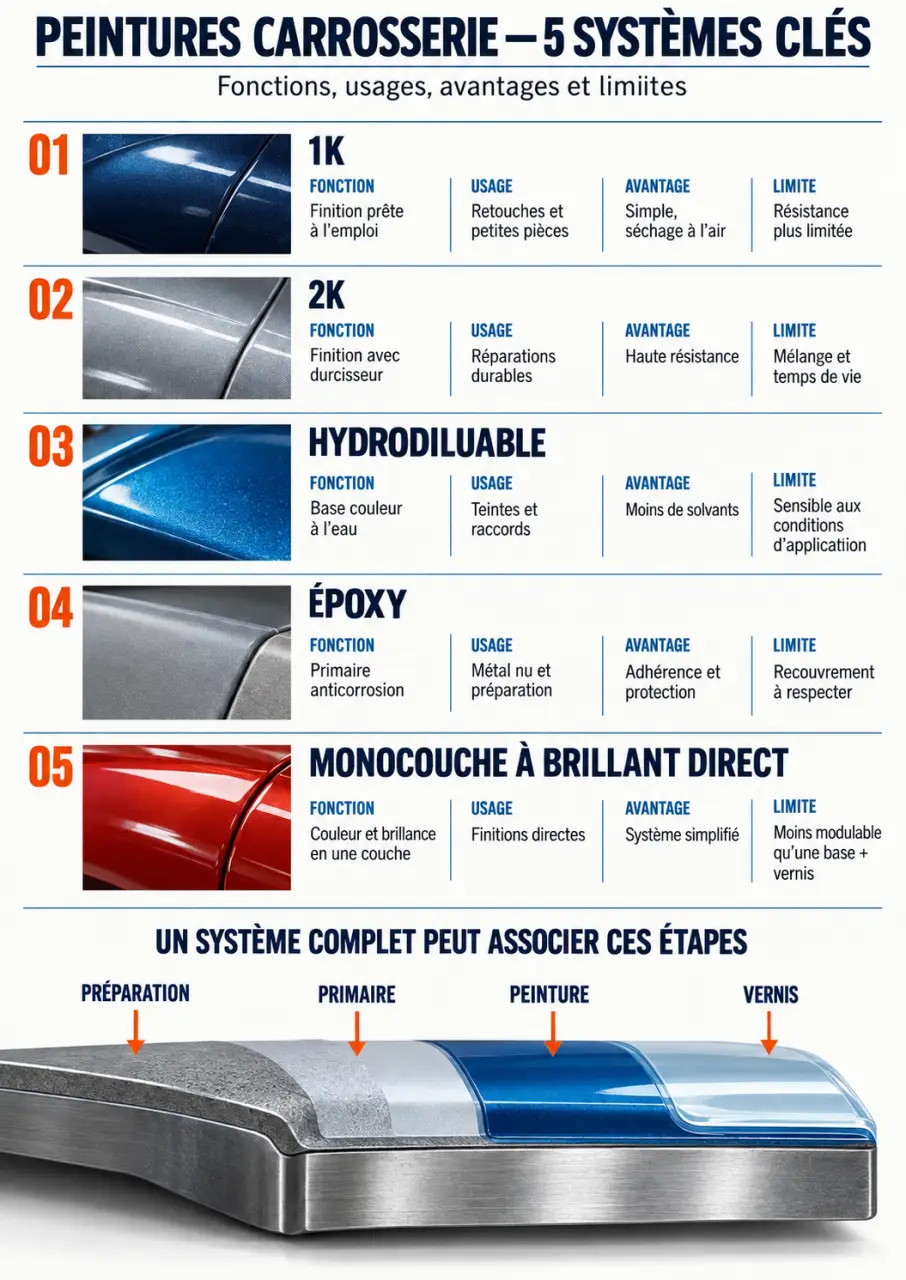 Infographie comparative des types de peinture carrosserie 1K, 2K, hydrodiluable, époxy et monocouche
