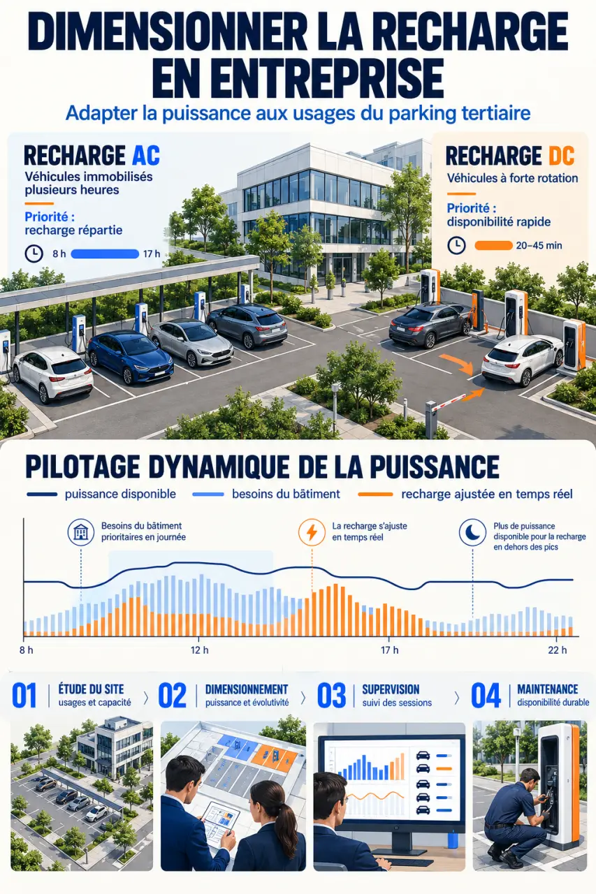 Infographie sur le dimensionnement d’une borne de recharge en entreprise selon les usages AC, DC et la rotation des véhicules